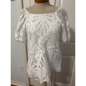 NWT Cato Sz M White Blouse w/lace overlay puff sleeves NEW Peasant Top Pretty